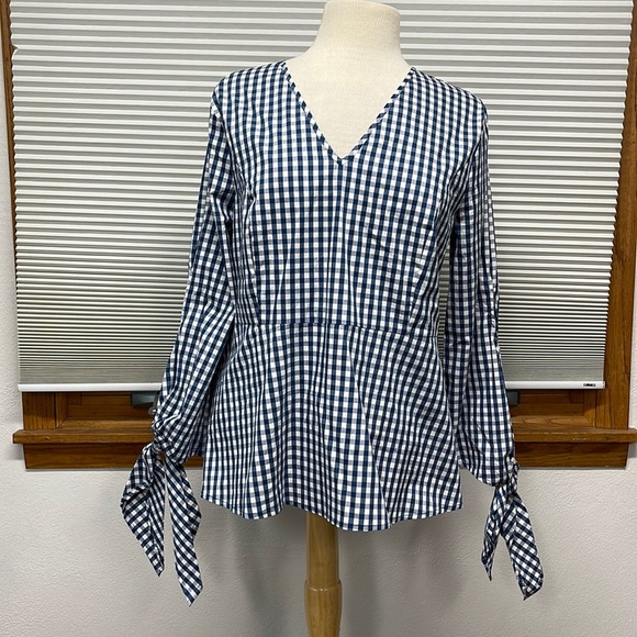 Universal Standard for J.Crew NWT Blue White Gingham Tie Sleeve Cutout Shirt - Picture 6 of 16